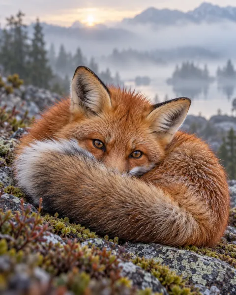 Curled-up Red Fox · Misty Morning