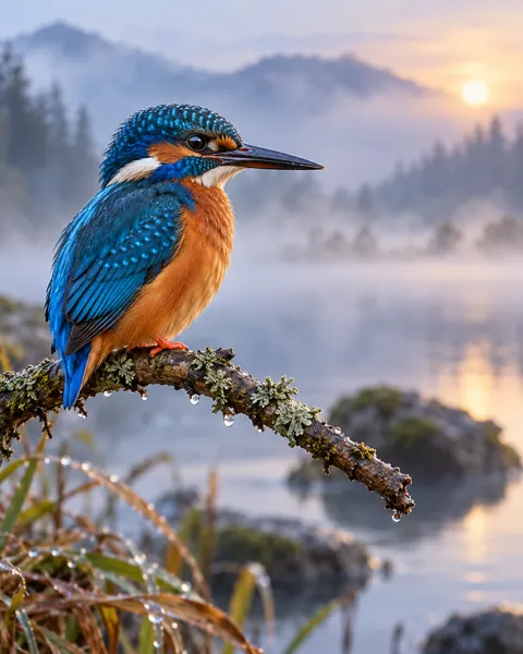 Kingfisher on a Branch · Misty Morning