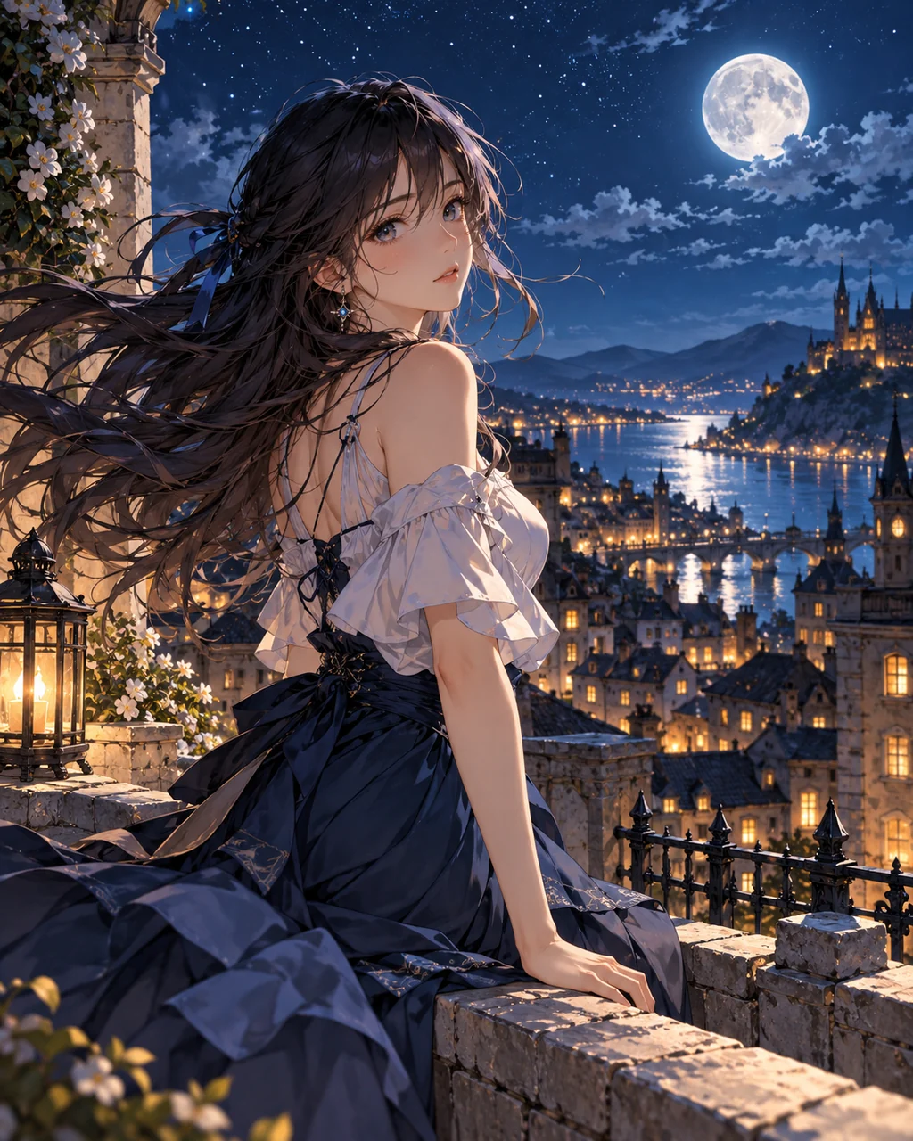 Girl on a Rooftop · Moonlit Blue Night