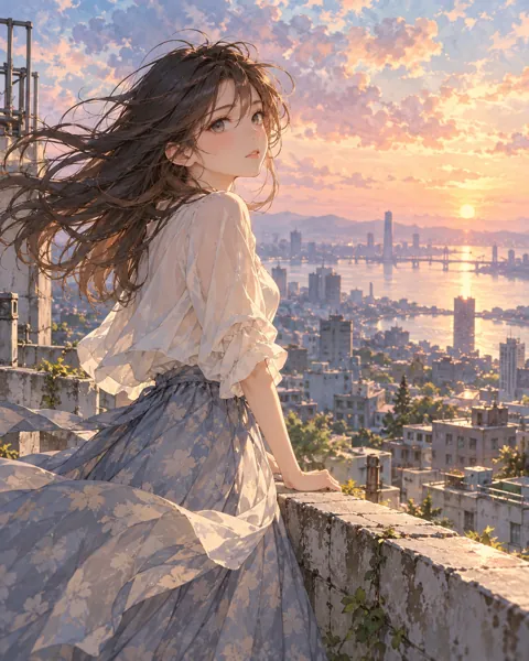 Girl on a Rooftop · Soft Watercolor Backdrop