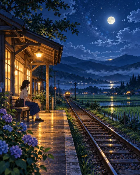 Countryside Train Platform · Moonlit Blue Night