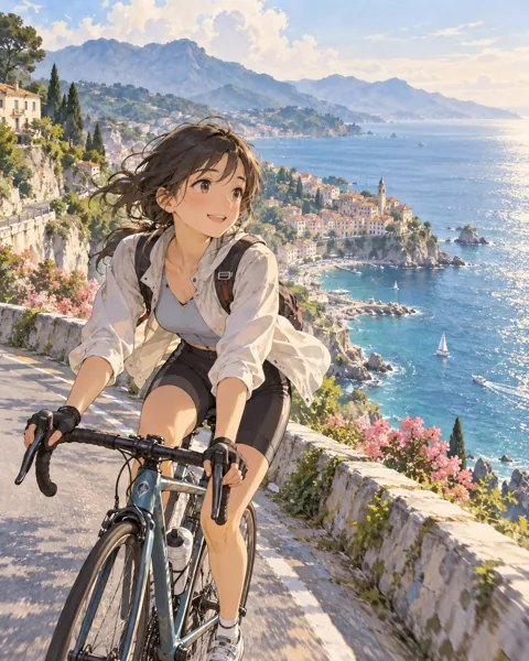 Seaside Bicycle Ride · Soft Watercolor Backdrop