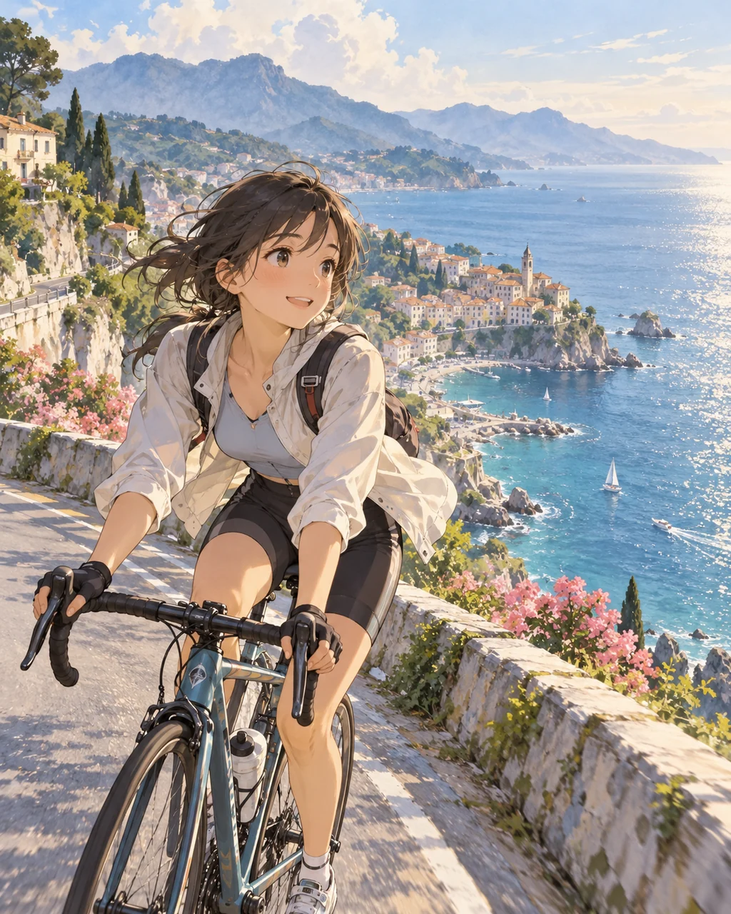 Seaside Bicycle Ride · Soft Watercolor Backdrop