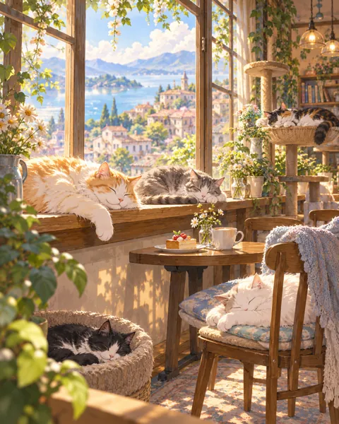 Cat Cafe Afternoon · Soft Watercolor Backdrop