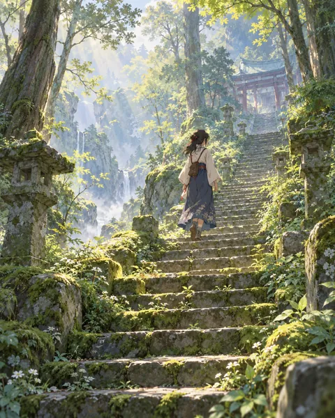 Mossy Stone Staircase · Soft Watercolor Backdrop
