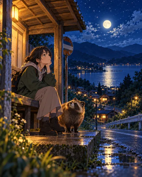 Rainy Bus Stop · Moonlit Blue Night