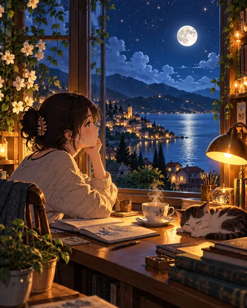 Cozy Study Desk · Moonlit Blue Night