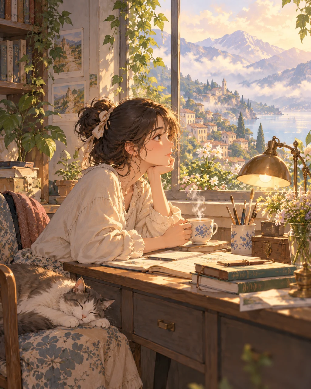 Cozy Study Desk · Soft Watercolor Backdrop