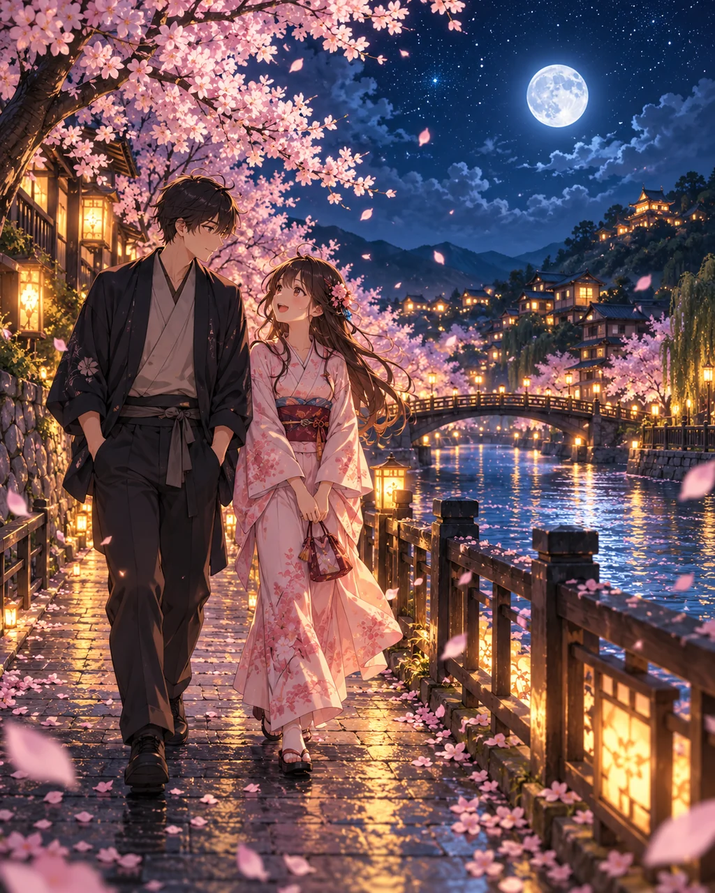 Spring Petal Riverbank · Moonlit Blue Night