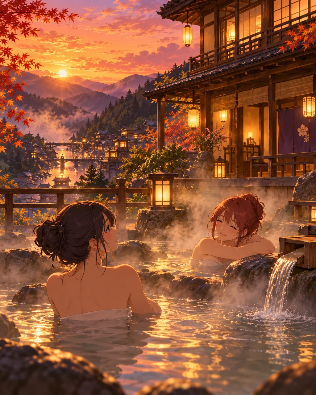 Lantern-lit Hot Spring Inn · Golden-hour Nostalgia