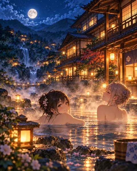 Lantern-lit Hot Spring Inn · Moonlit Blue Night