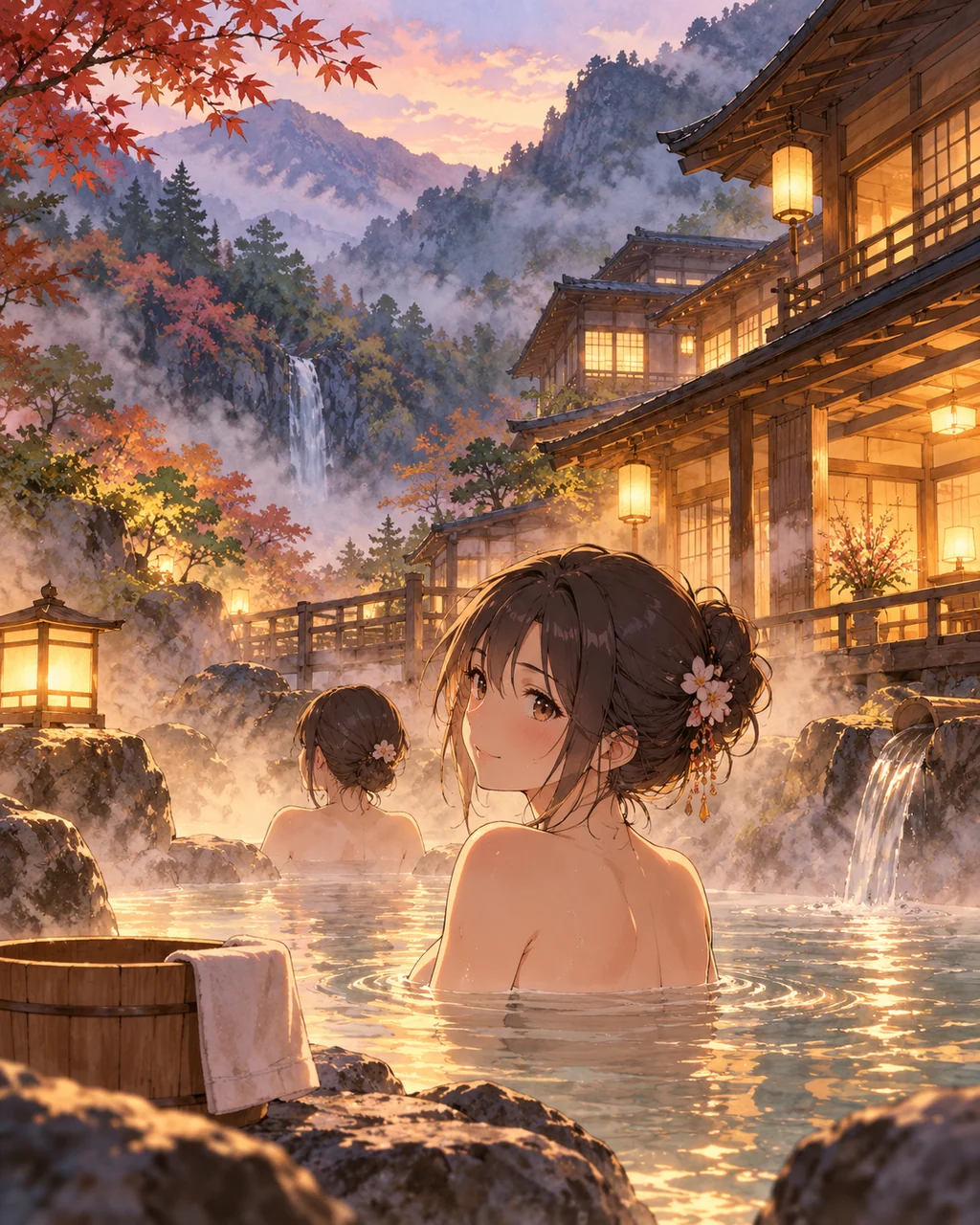 Lantern-lit Hot Spring Inn · Soft Watercolor Backdrop