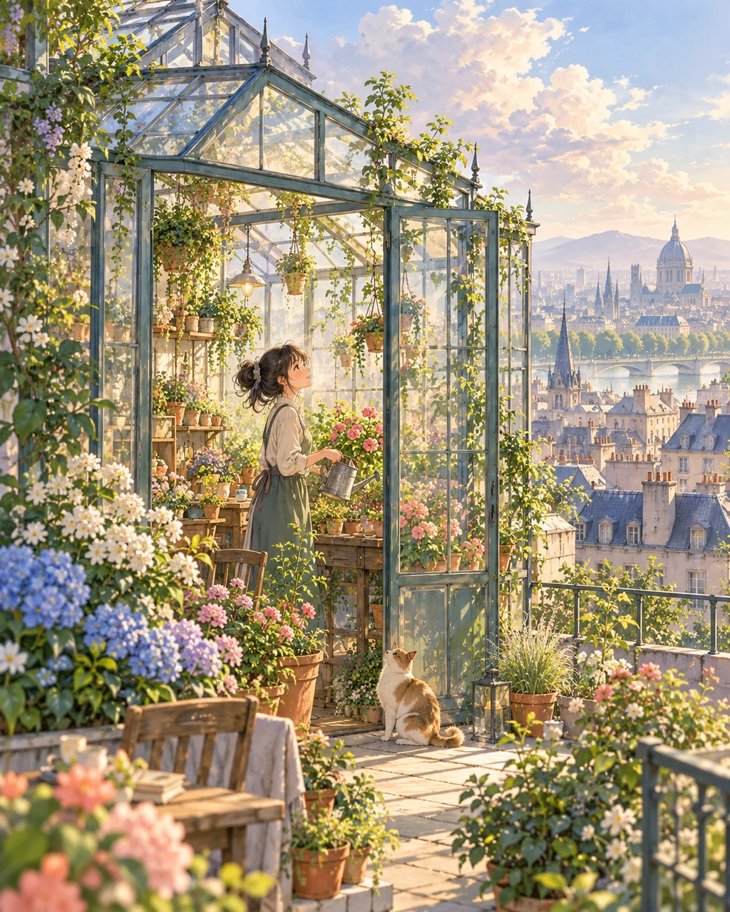 Rooftop Greenhouse · Soft Watercolor Backdrop