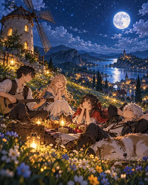 Hilltop Windmill Picnic · Moonlit Blue Night