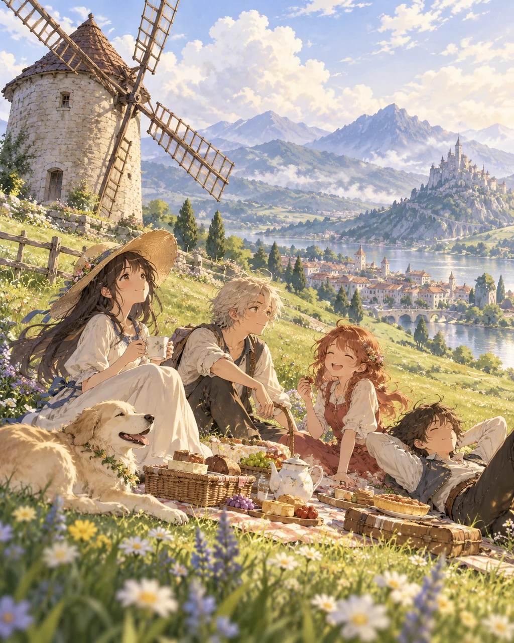 Hilltop Windmill Picnic · Soft Watercolor Backdrop