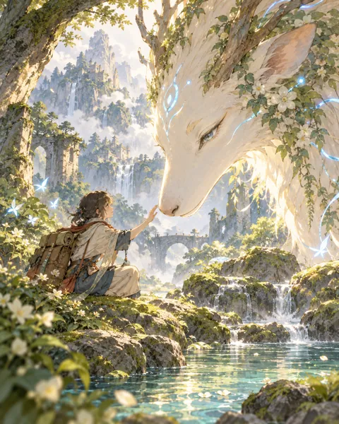 Forest Spirit Encounter · Soft Watercolor Backdrop