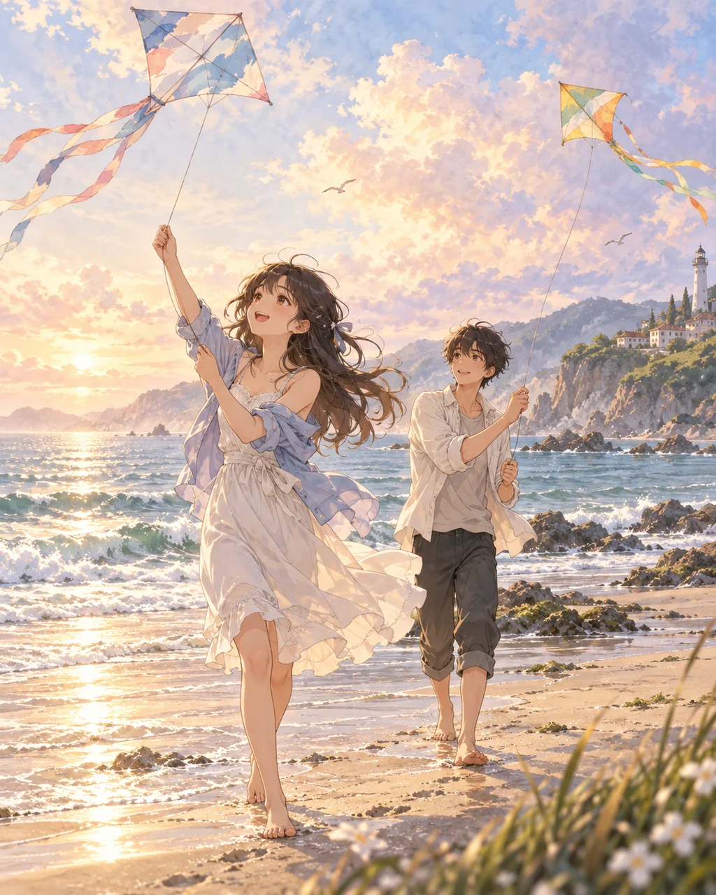 Seaside Kite Day · Soft Watercolor Backdrop