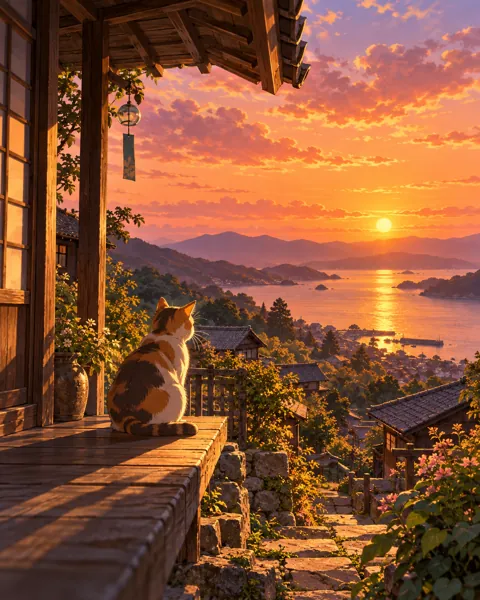 Cat Under the Eaves · Golden-hour Nostalgia