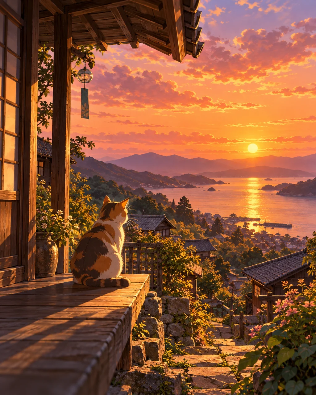 Cat Under the Eaves · Golden-hour Nostalgia