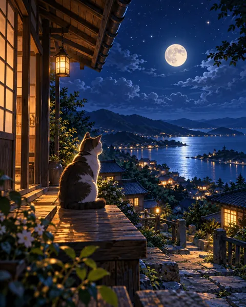 Cat Under the Eaves · Moonlit Blue Night