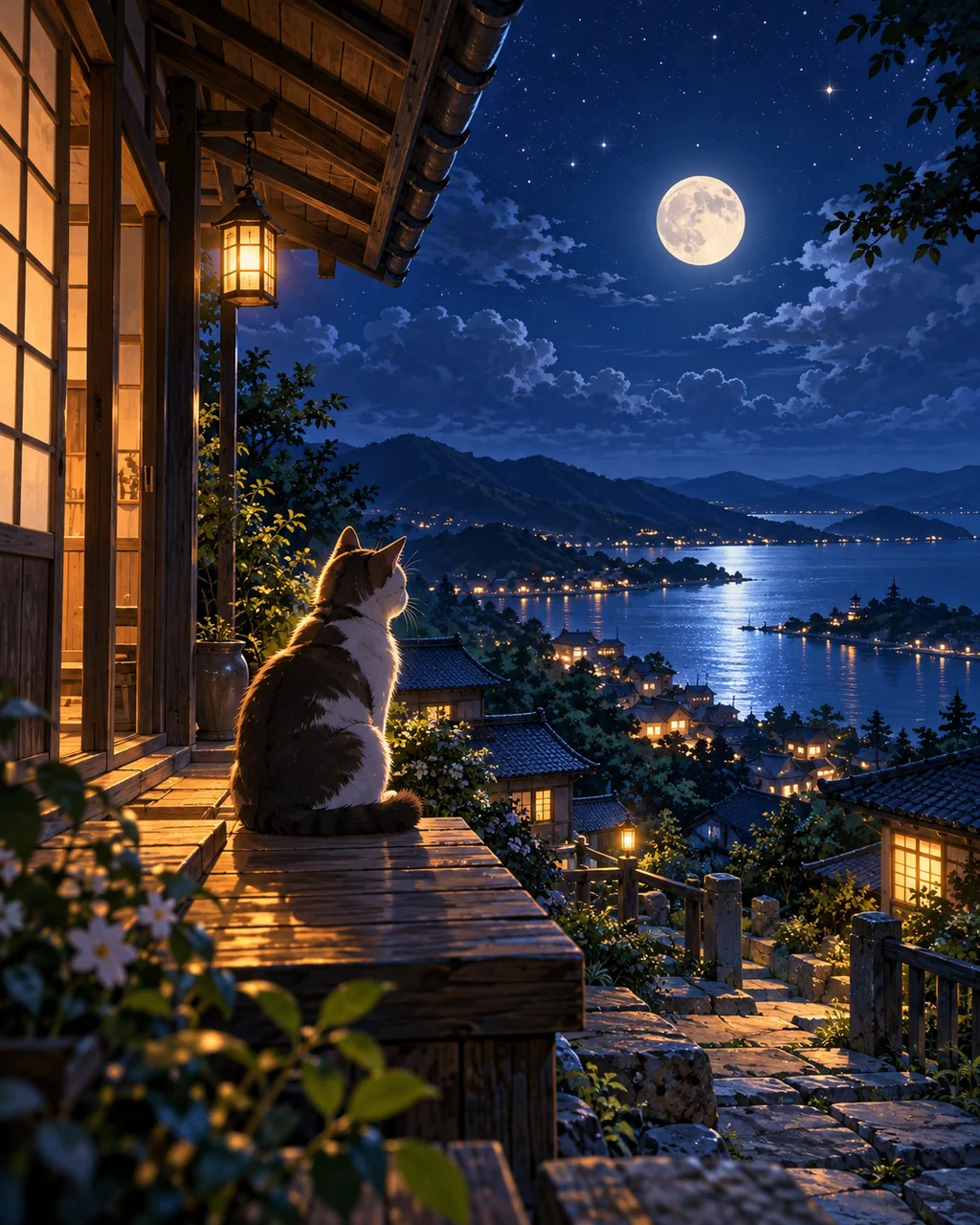 Cat Under the Eaves · Moonlit Blue Night