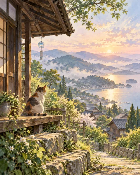 Cat Under the Eaves · Soft Watercolor Backdrop