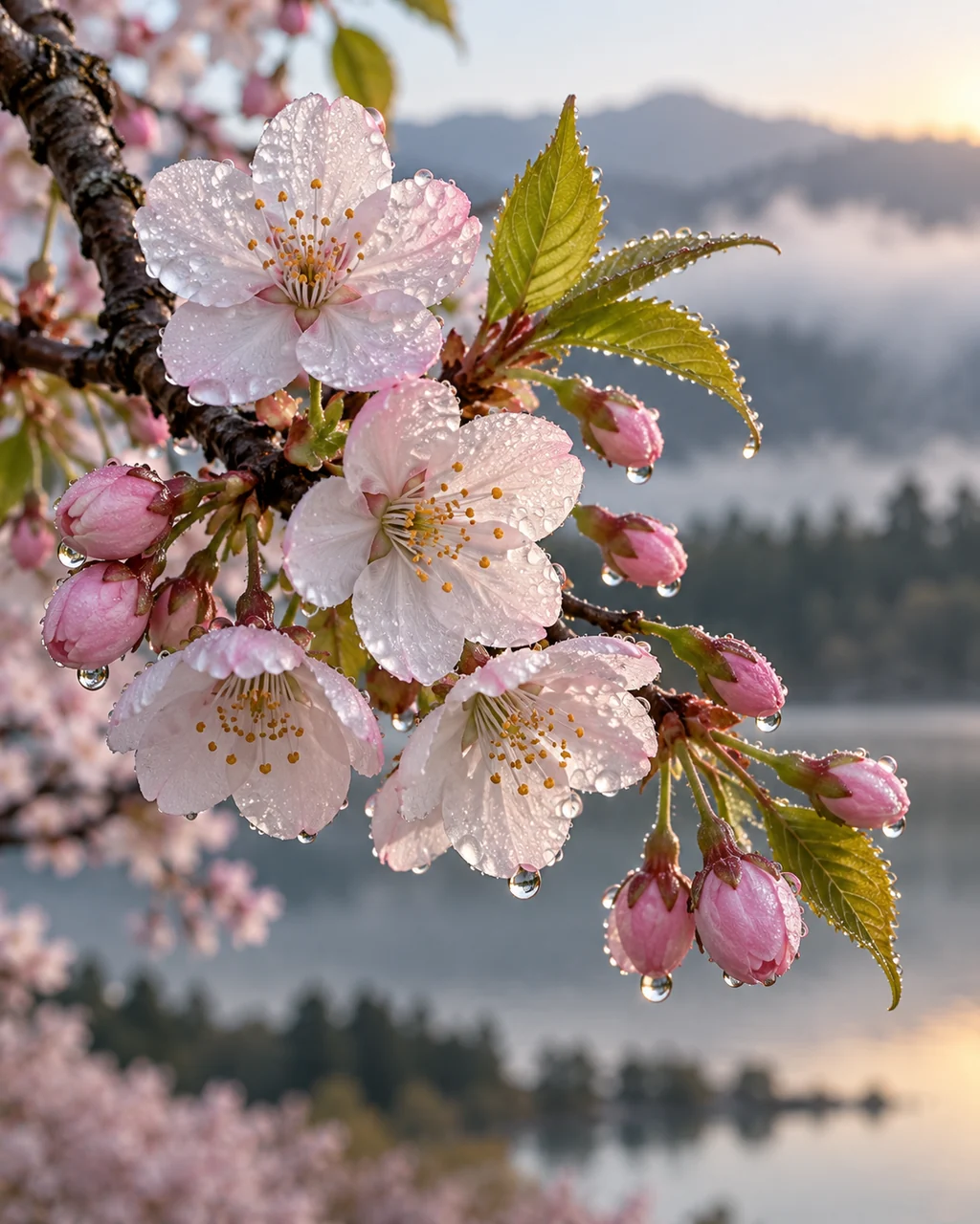 Cherry Blossom Branch · Morning Dew Macro