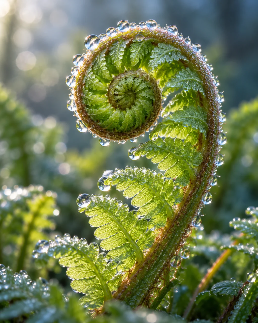 Unfurling Fern Frond · Morning Dew Macro