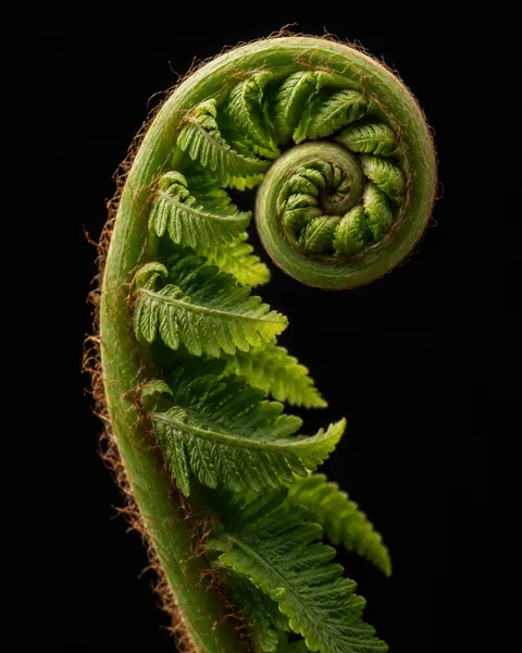 Unfurling Fern Frond · Dark Still Life