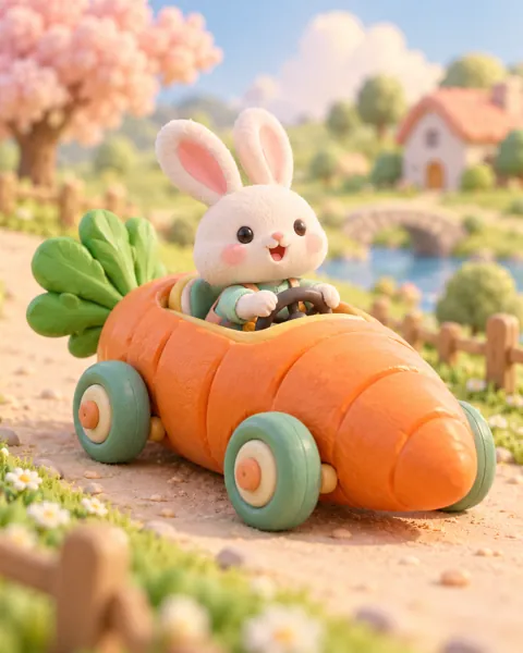 Bunny in a Carrot Car · Candy Pastels