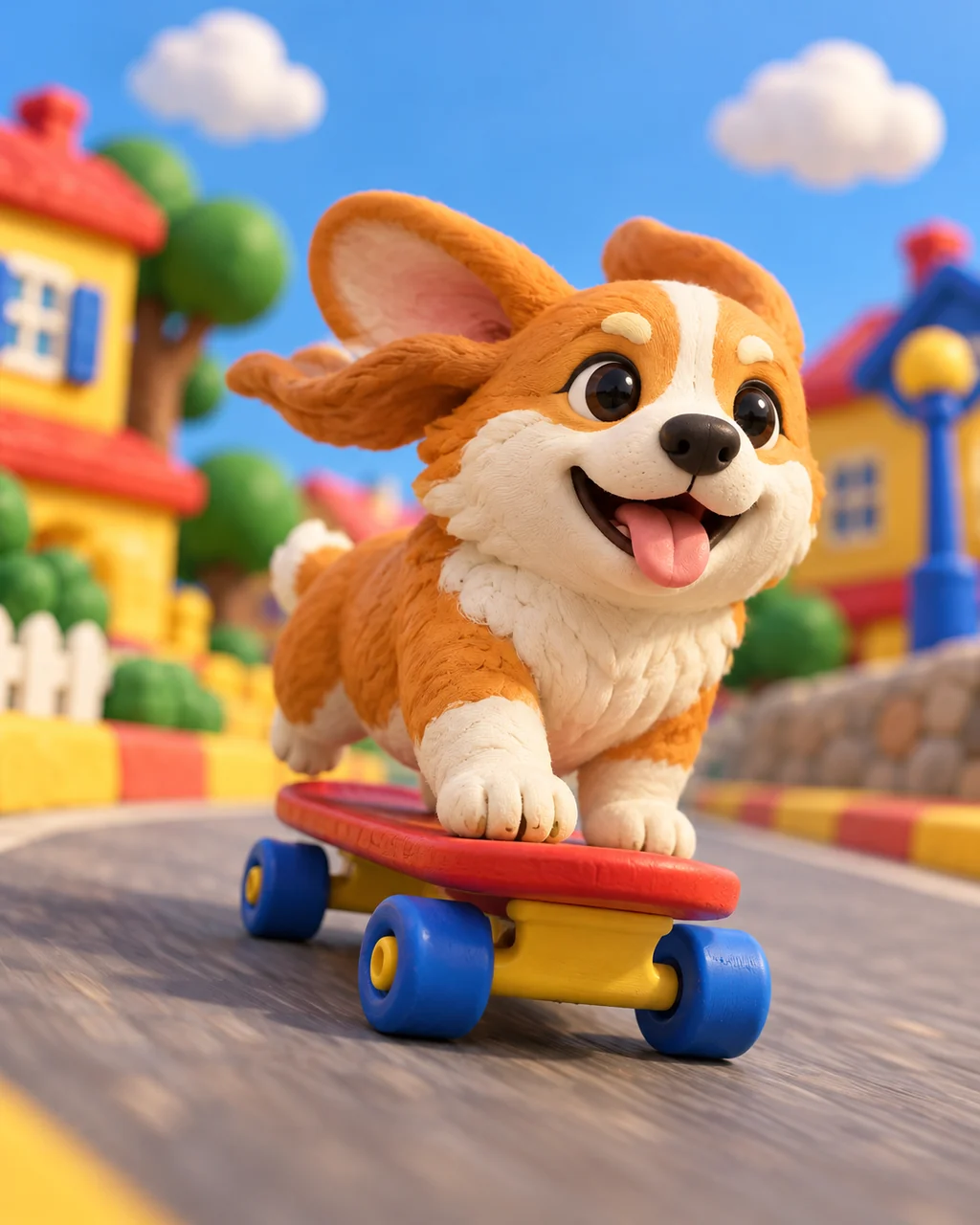 Skateboarding Corgi · Primary Toy Colors