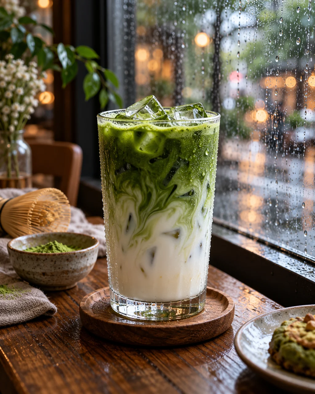 Iced Matcha Latte · Rainy Cafe Window