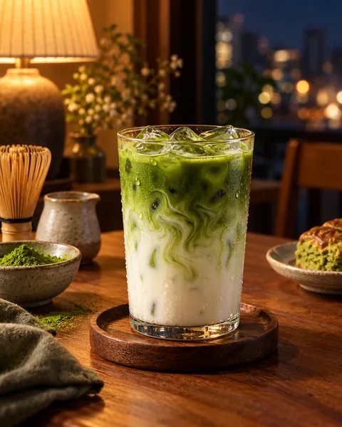 Iced Matcha Latte · Warm Evening Lamplight
