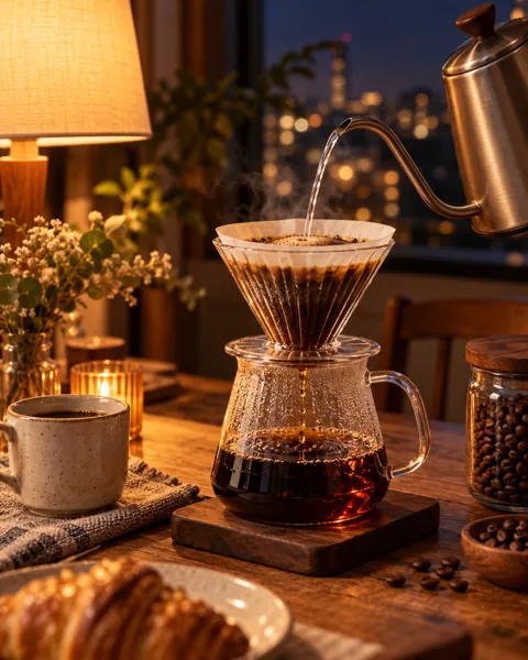 Pour-over Coffee Setup · Warm Evening Lamplight