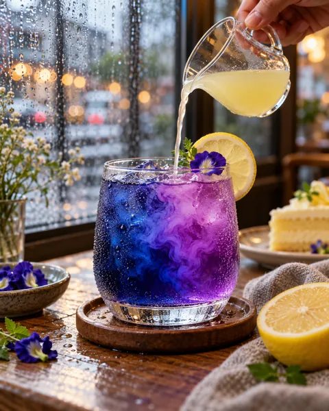 Butterfly Pea Tea · Rainy Cafe Window
