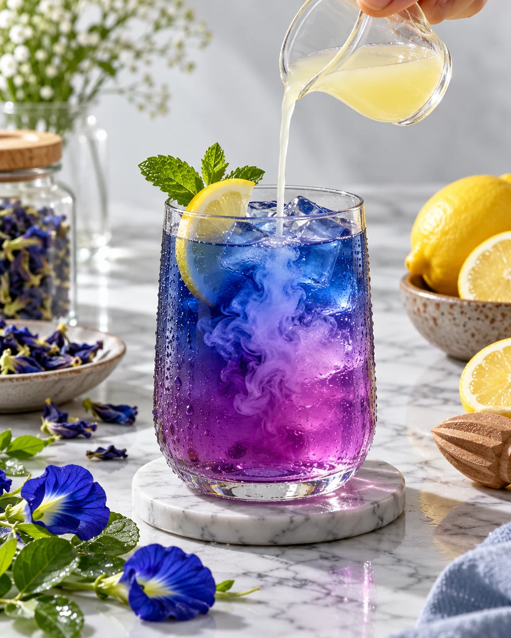 Butterfly Pea Tea · Minimal Marble Counter