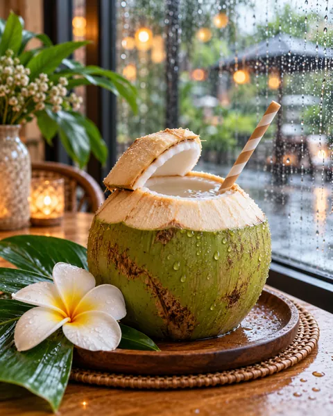 Fresh Coconut Drink · Rainy Cafe Window