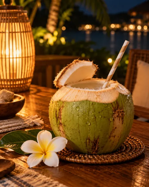 Fresh Coconut Drink · Warm Evening Lamplight