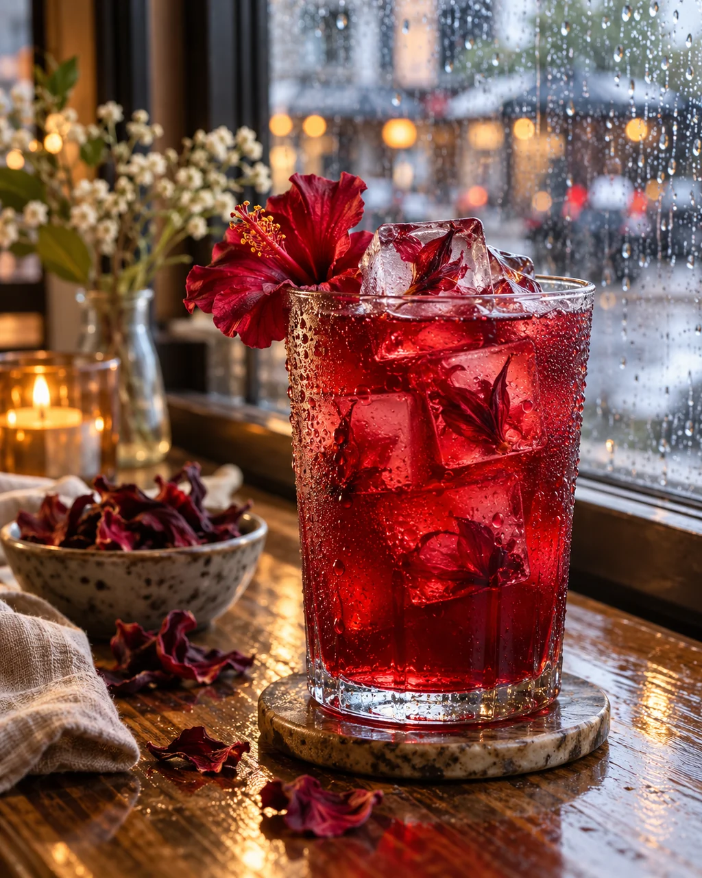Hibiscus Iced Tea · Rainy Cafe Window
