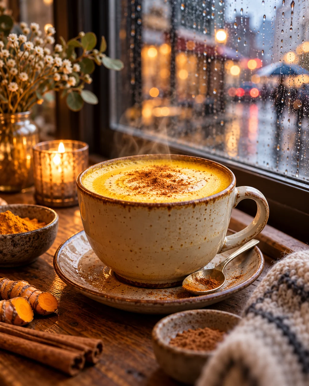 Golden Turmeric Latte · Rainy Cafe Window