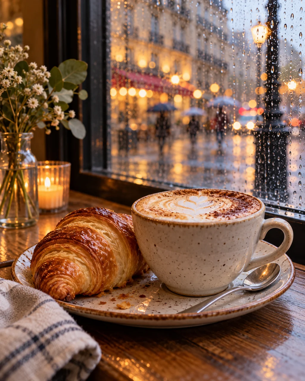 Cappuccino and Croissant · Rainy Cafe Window