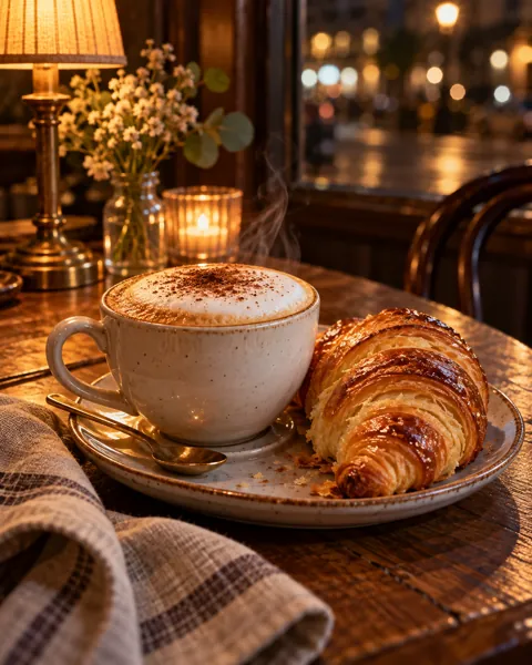 Cappuccino and Croissant · Warm Evening Lamplight
