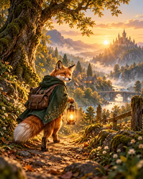Fox Wanderer with Lantern · Storybook Dawn