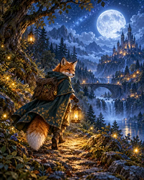 Fox Wanderer with Lantern · Mystical Moonlight