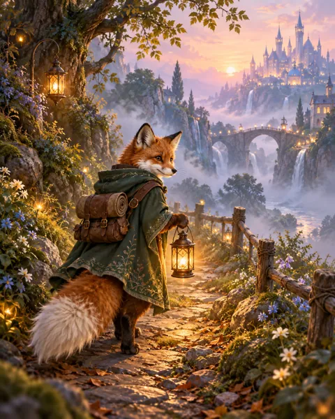 Fox Wanderer with Lantern · Pastel Dreamscape