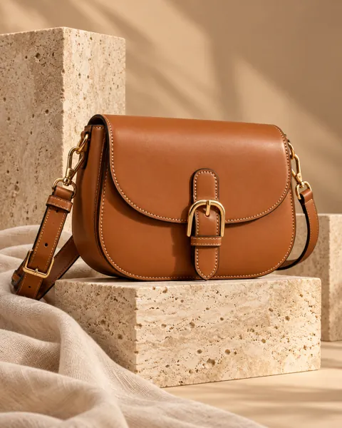 Leather Crossbody Bag · Sculptural Plinths