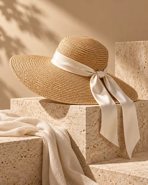 Ribboned Straw Hat · Sculptural Plinths