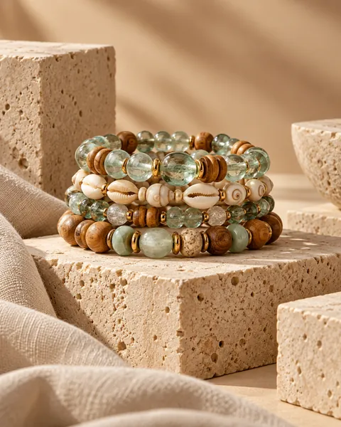 Beaded Bracelet Stack · Sculptural Plinths