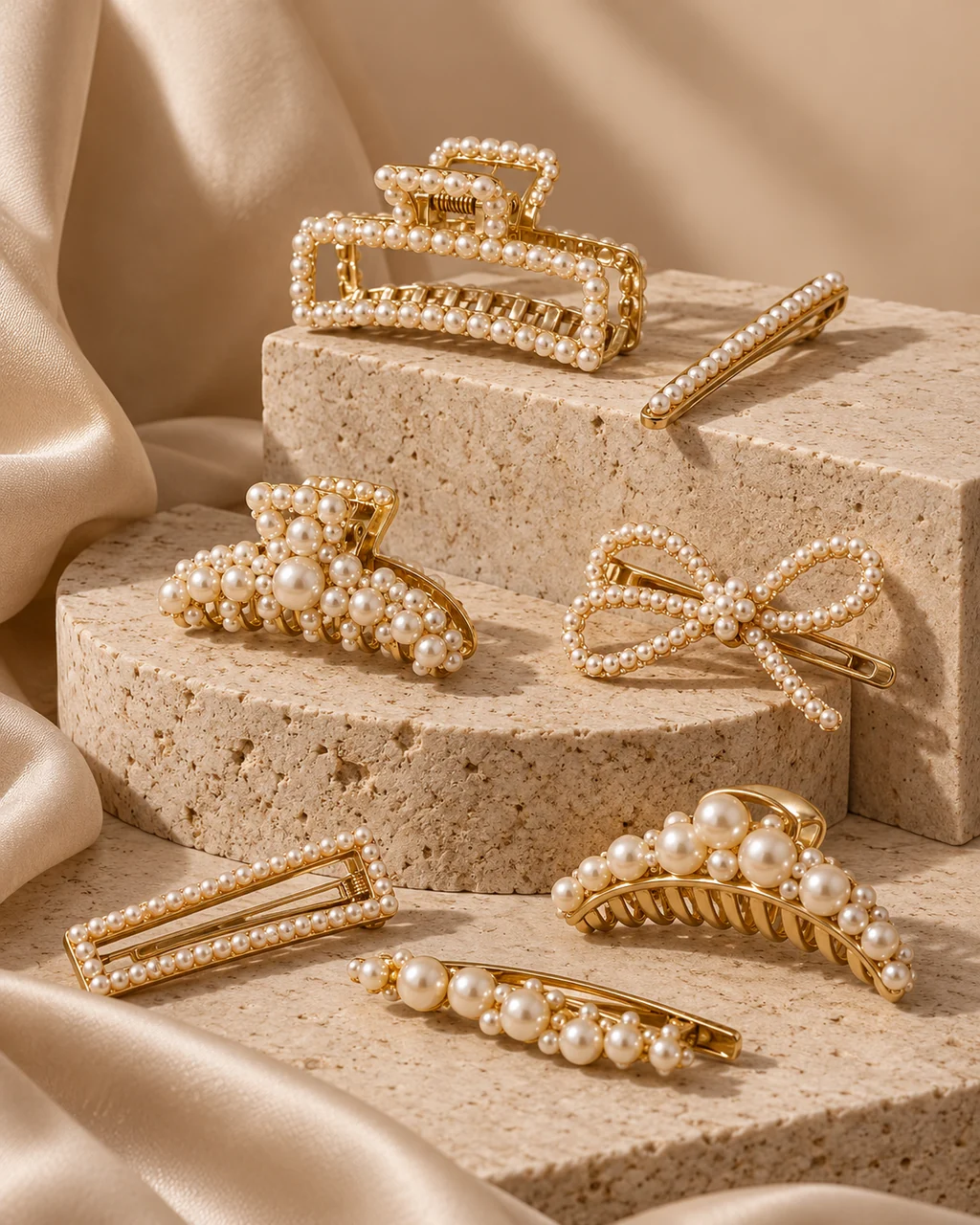 Pearl Hair Clips · Sculptural Plinths