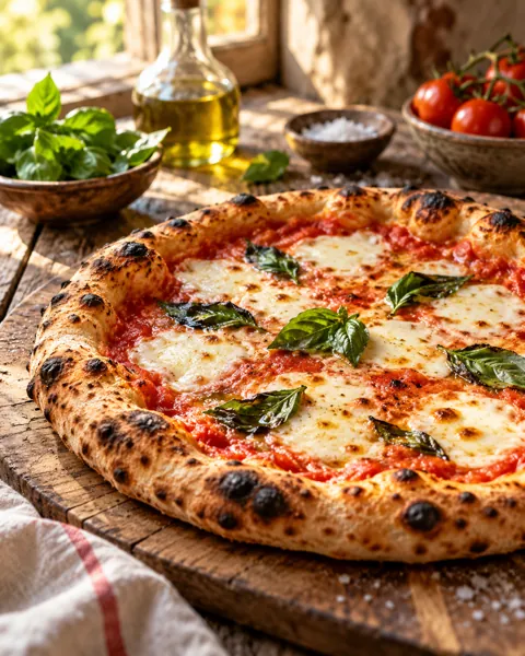 Wood-fired Margherita Pizza · Rustic Wooden Table